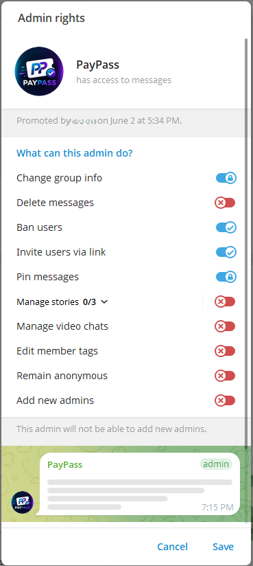Telegram Admin Settings Screen